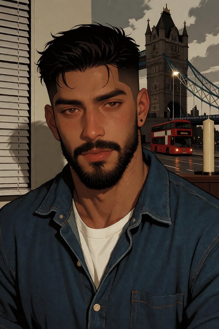 A striking portrait of a young South Asian man,  captured in intimate cinematic close-up,  his gaze steady and contemplati...