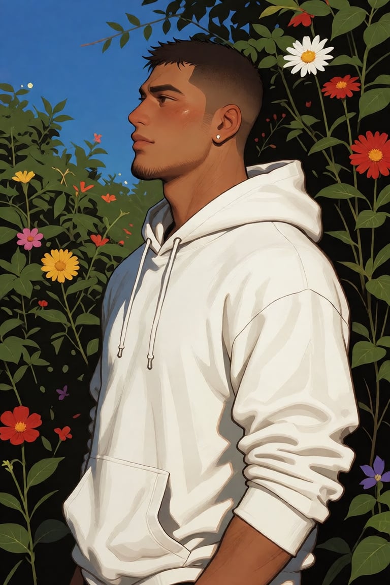 The image shows a man wearing a white hoodie standing outdoors. The background is filled with lush greenery and colorful f...