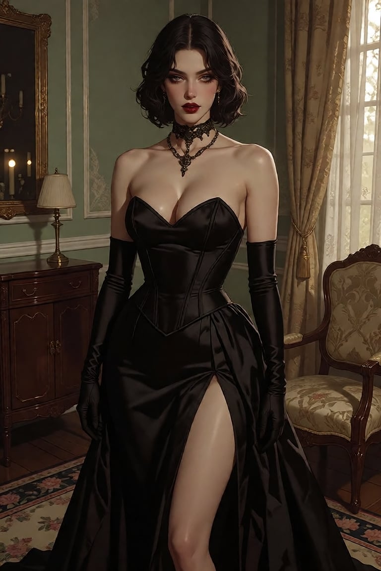 A breathtaking portrait of a regal,  enigmatic woman standing with poised elegance in a decadent 19th-century drawing room...
