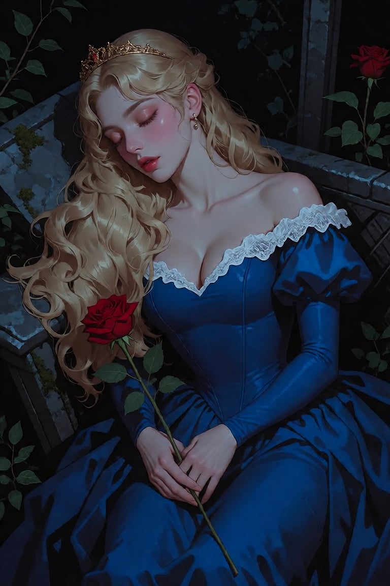 A luminous,  ethereal princess lies in serene slumber upon a weathered stone bench draped in moss and shadow,  her golden...