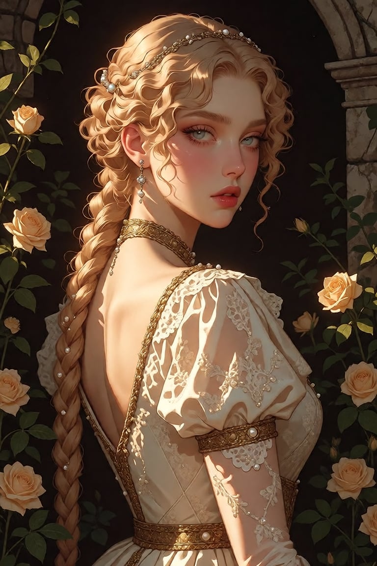 A breathtaking portrait of a regal woman poised in ethereal splendor,  her face a masterpiece of classical beauty—porcelai...