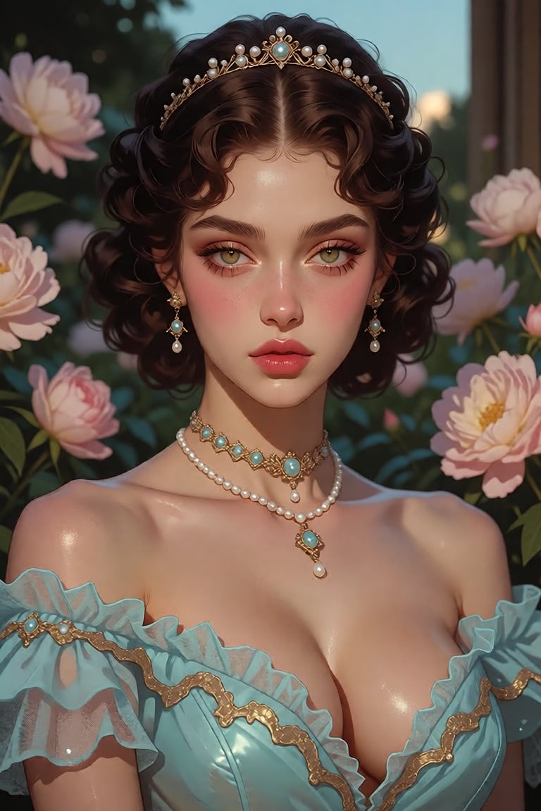 A breathtaking portrait of a regal young woman,  her face a masterpiece of classical beauty—high cheekbones dusted with so...