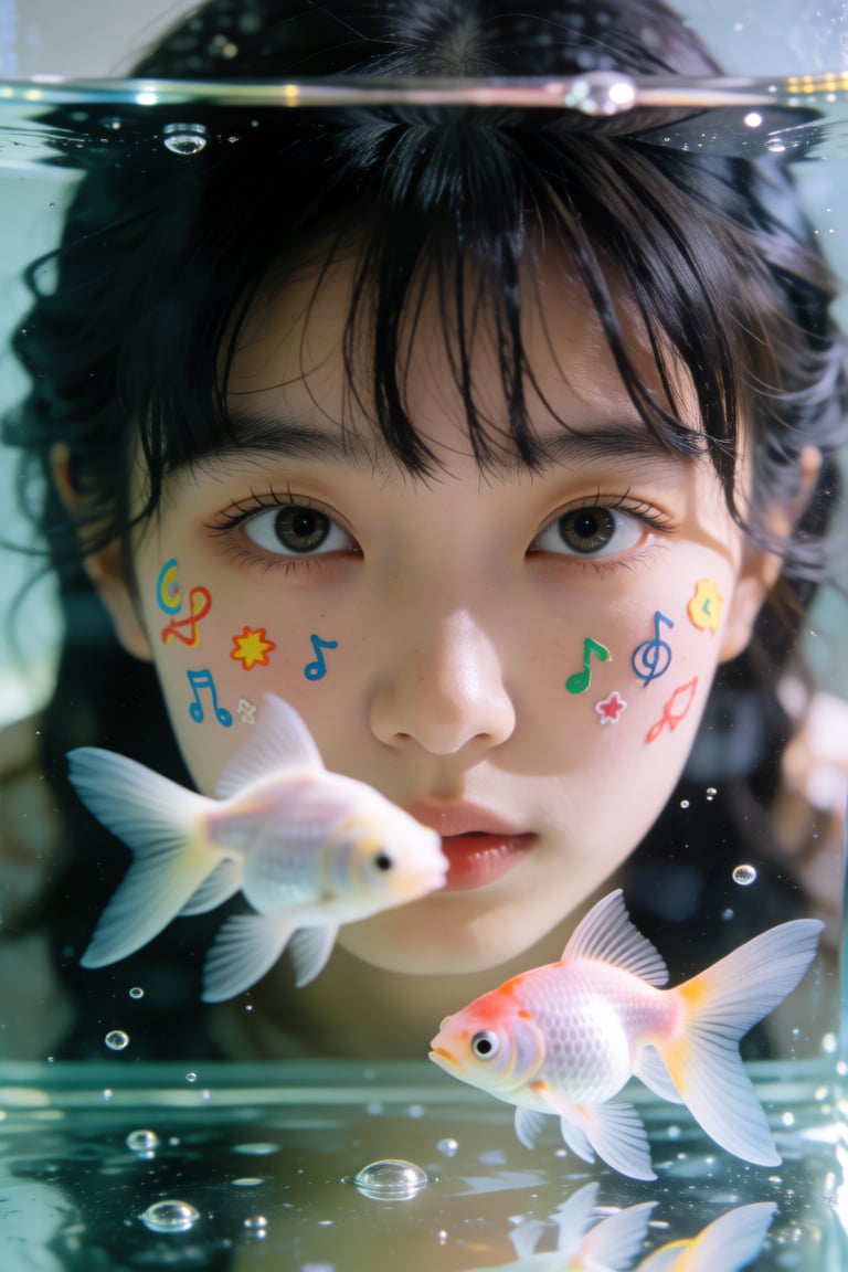 A creative close-up portrait of a young Asian woman with dark hair and bangs,  looking through a glass water tank. Her fac...