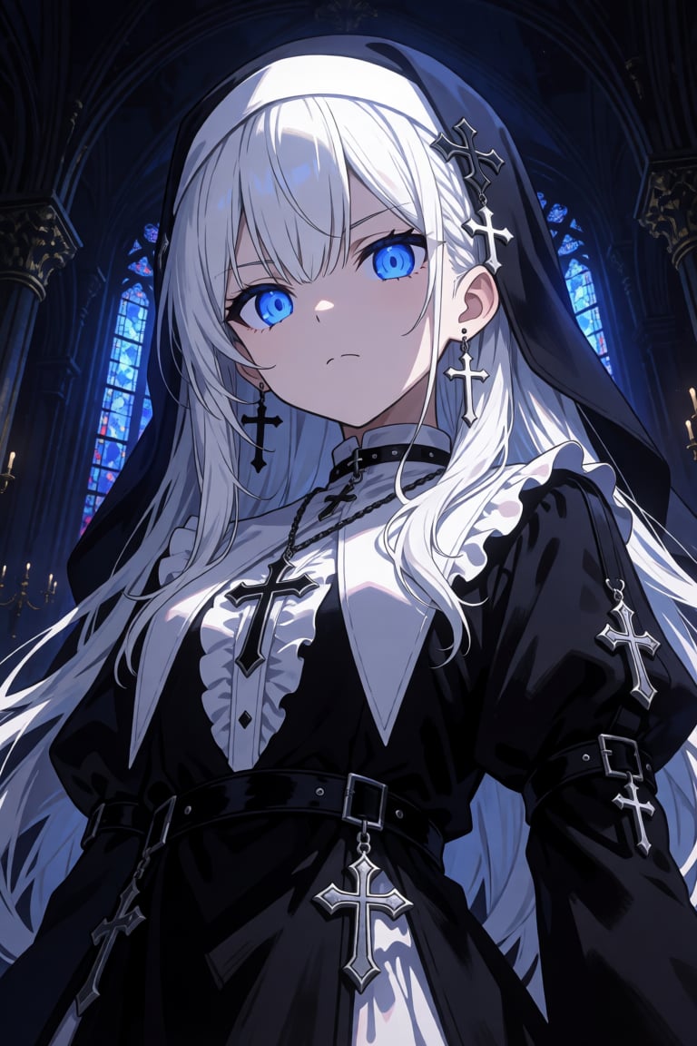 A dramatic low-angle portrait of an anime girl with long white hair and intense glowing blue eyes. She has an angry,  frow...