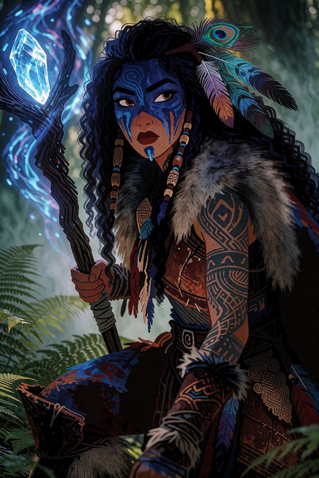 CartoonLadies style. CartoonLadies style. A detailed portrait of a 30-year-old female warrior of distinct Indigenous herit...