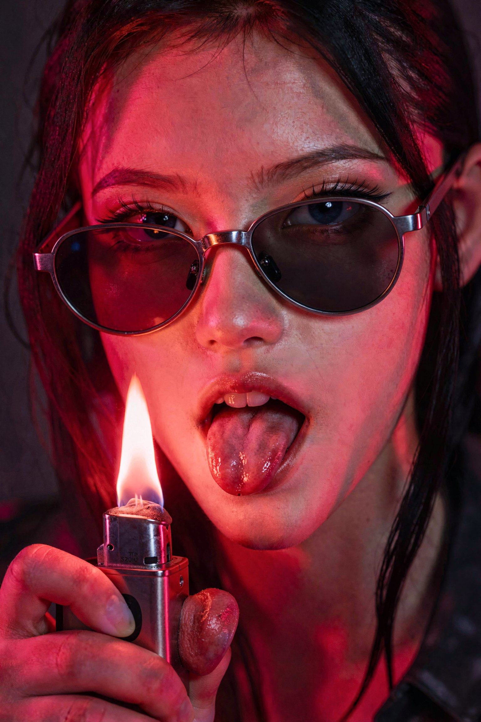 Dramatic close-up portrait of an edgy young woman looking directly at the camera with bold,  provocative,  rebellious expr...