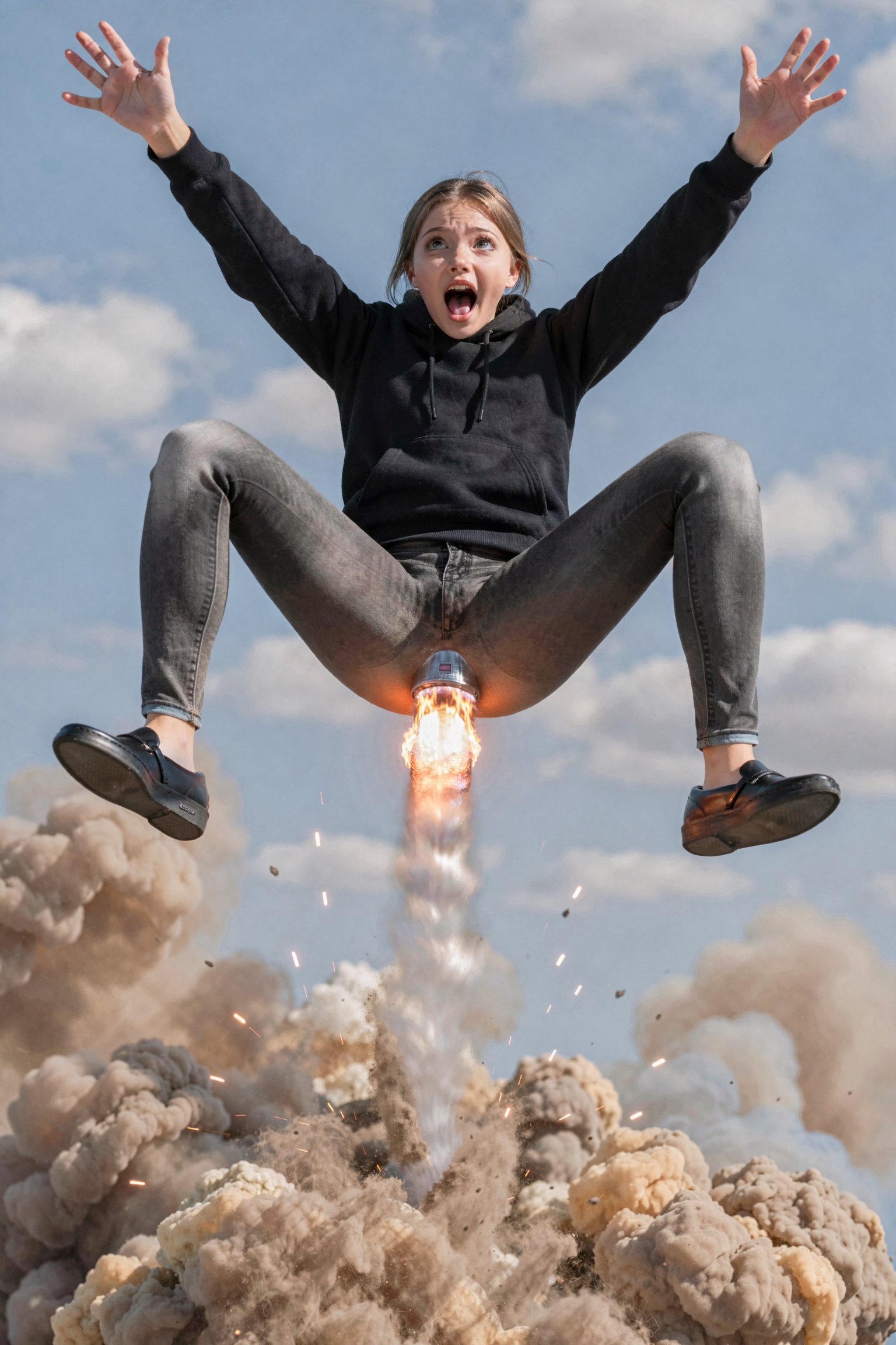 Ultra-detailed,  humorous,  surreal photo: young Caucasian woman launched high into blue sky like a rocket—black pullover...