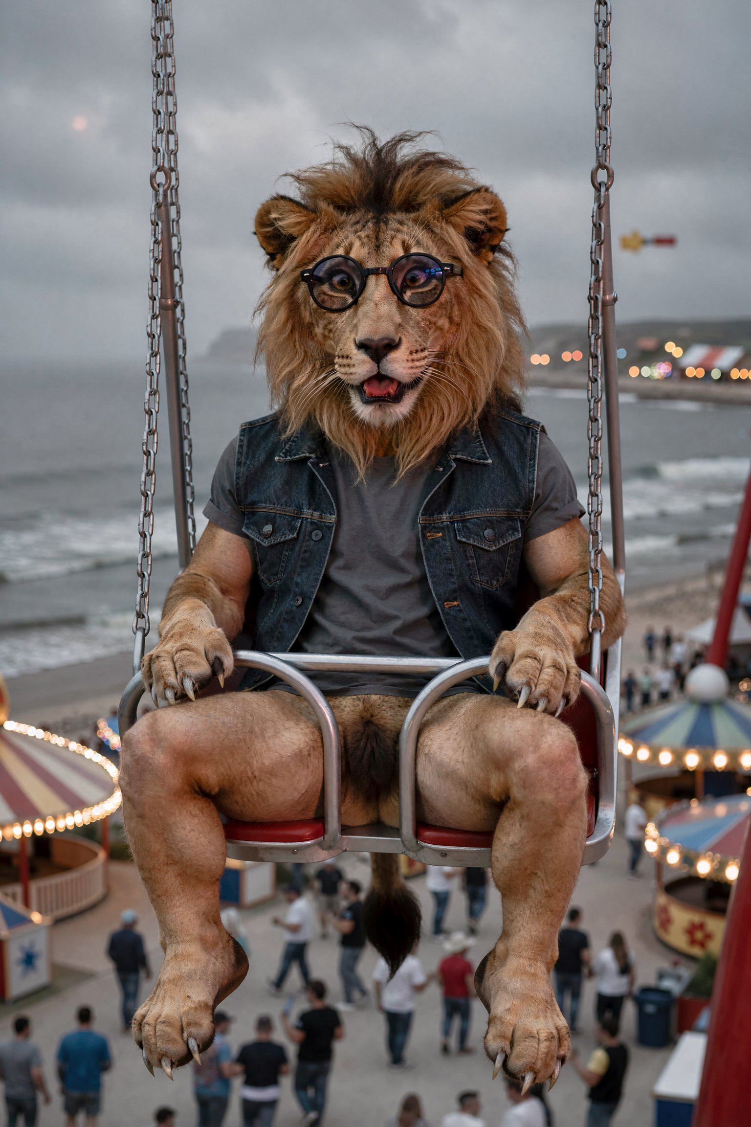Ultra-realistic cinematic medium shot of surreal amusement park ride: anthropomorphic adult male lion with thick,  detaile...