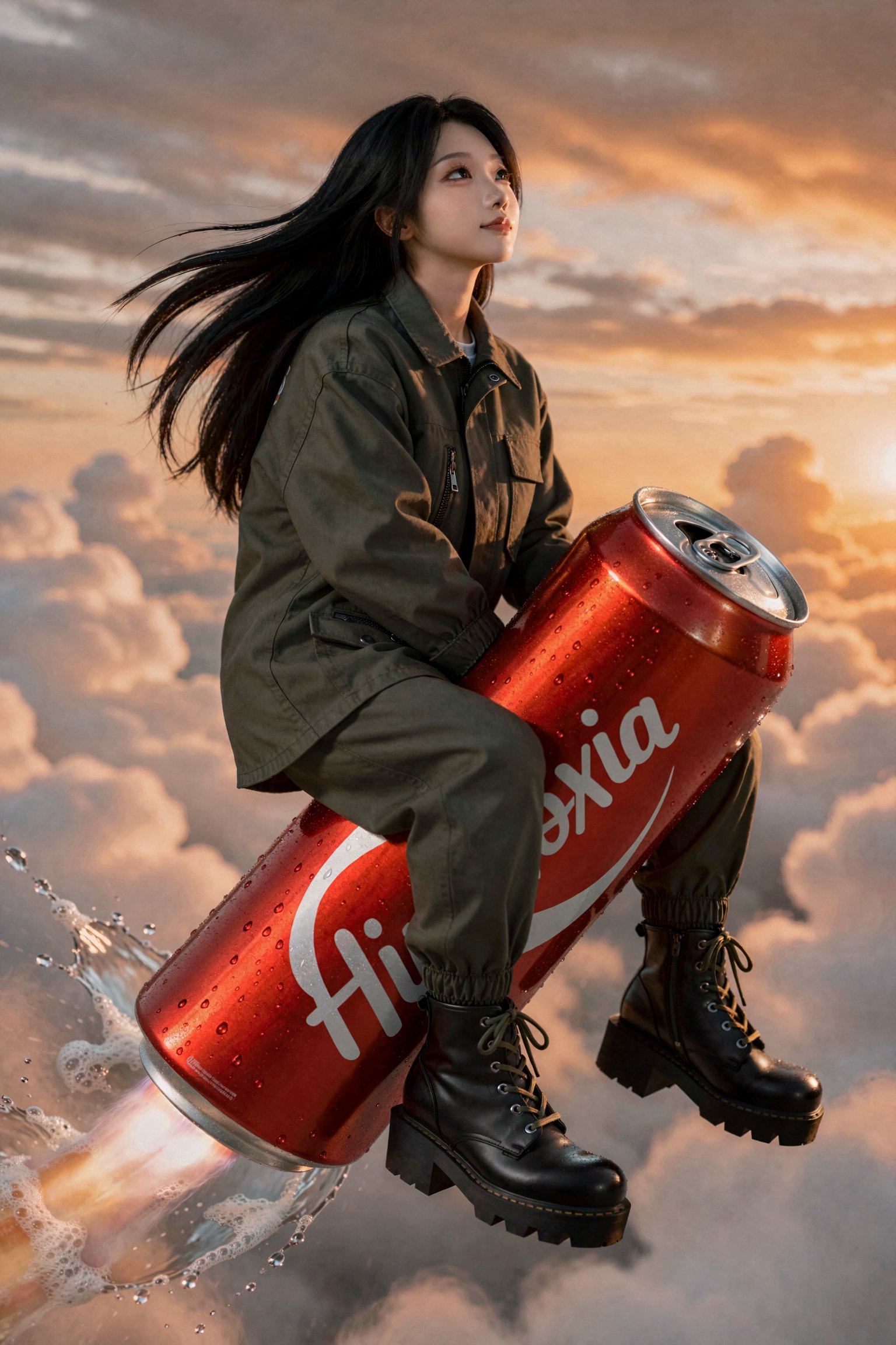 Ultra-detailed commercial-grade fantasy photo: beautiful young East Asian woman with serene expression,  looking upward an...