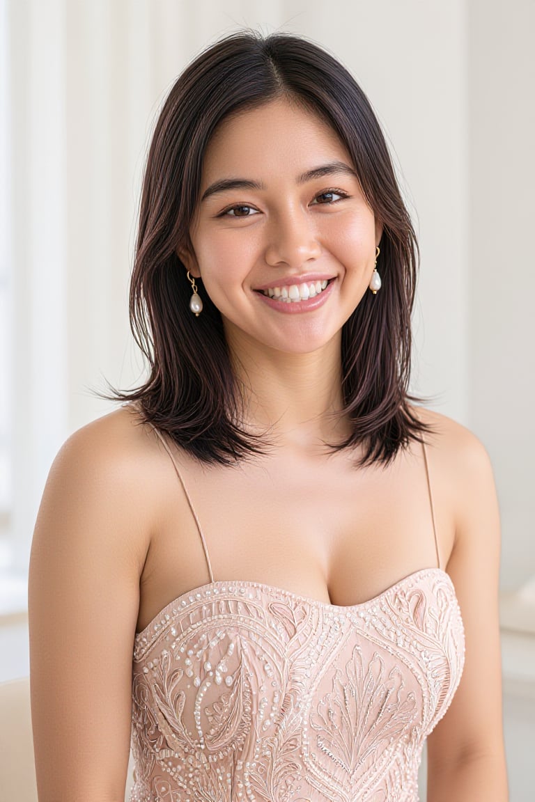 studio portrait of a beautiful asian woman with medium brown layered hair,  wearing a pale pink intricately beaded strap d...