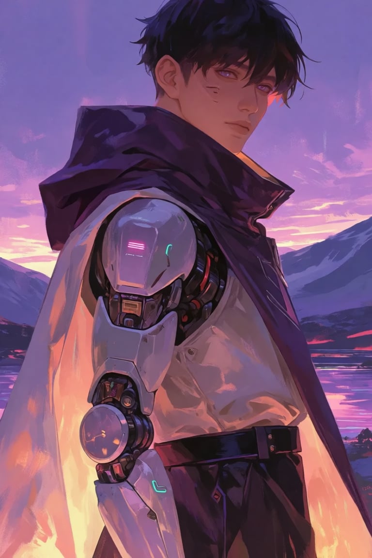 The image depicts a futuristic scene with a person wearing a purple cape and a robotic arm. The background features a sere...
