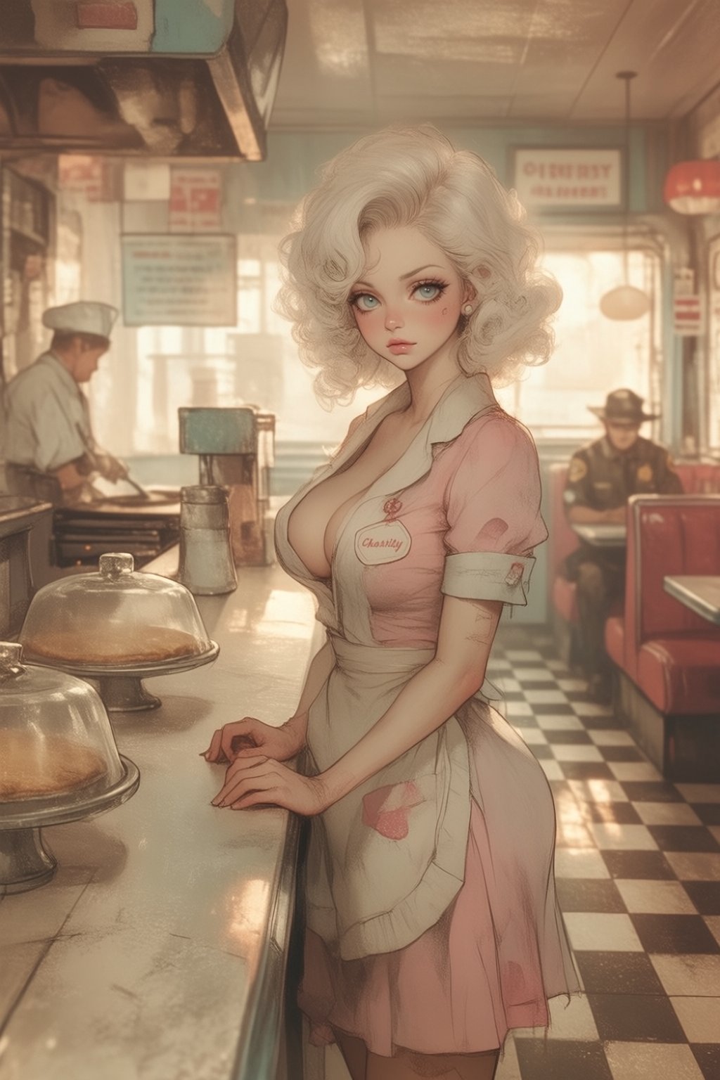 stankatayamaniji19k2e8 illustration. A waitress named Chastity,  with her name embroidered on a tag beside her large breas...