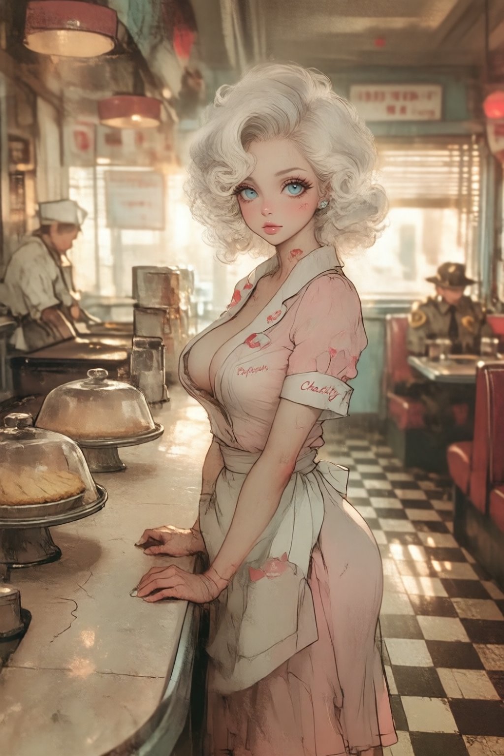 stankatayamaniji19k2e8 illustration. A waitress named Chastity,  with her name embroidered on a tag beside her large breas...