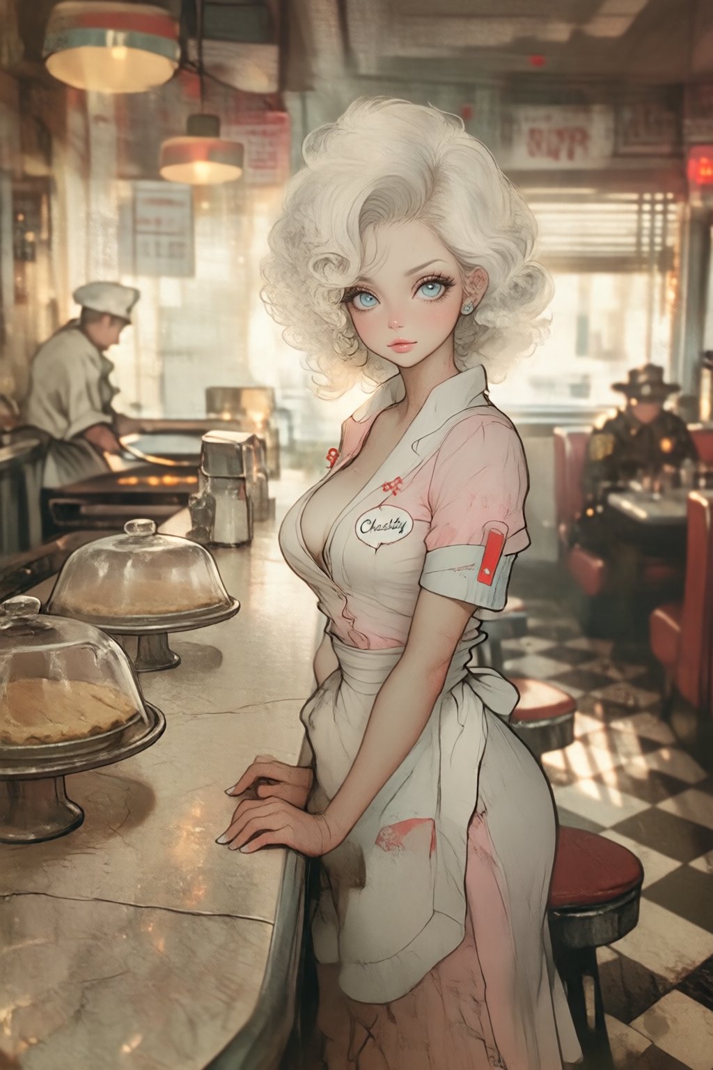 stankatayamaniji19k2e10 illustration. A waitress named Chastity,  with her name embroidered on a tag beside her large brea...
