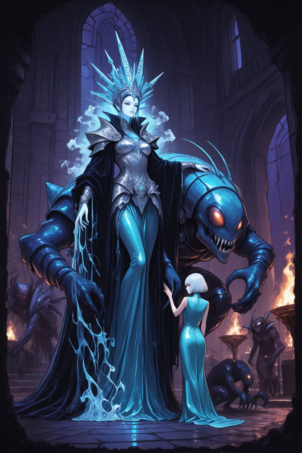A towering and commanding otherworldly queen anchors this elaborate dark fantasy composition,  her presence radiating an i...