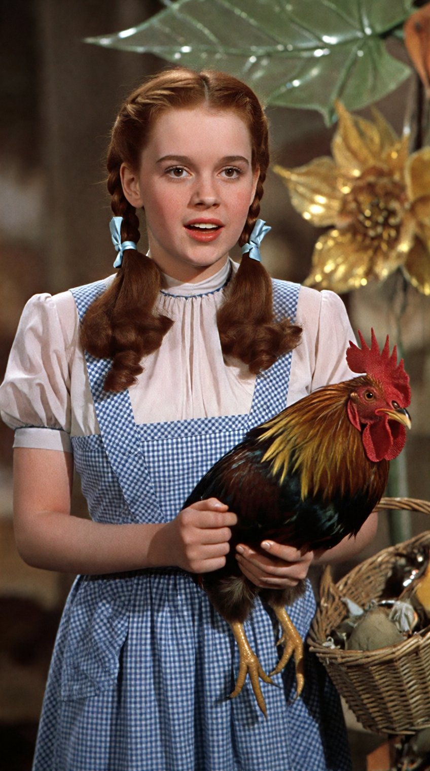 A young woman with auburn hair styled in two braided pigtails tied with light blue ribbons wears a white blouse under a bl...