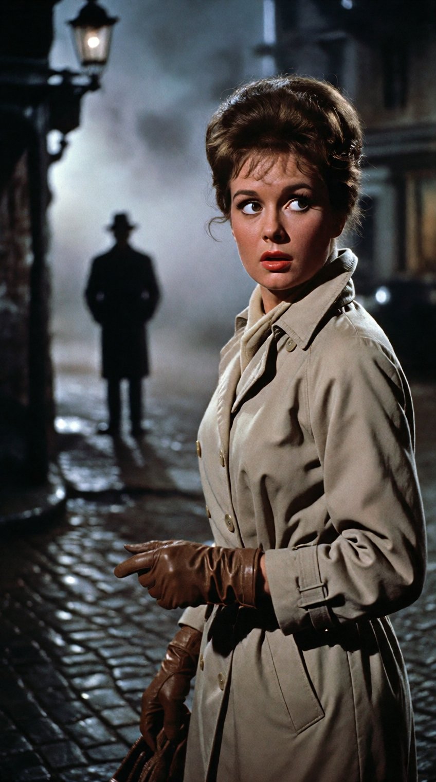 A 1960s classic suspense thriller movie still. A worried woman with a classic 1960s beehive hairstyle,  wearing a beige tr...