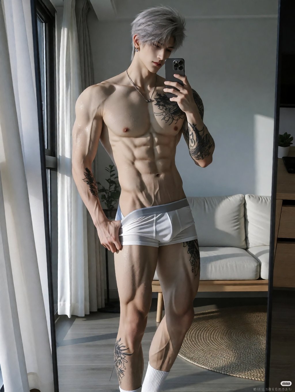 grey hair,  red eyes,  A photorealistic full-body mirror selfie of a handsome 24-year-old East Asian muscular man by A4TPO...
