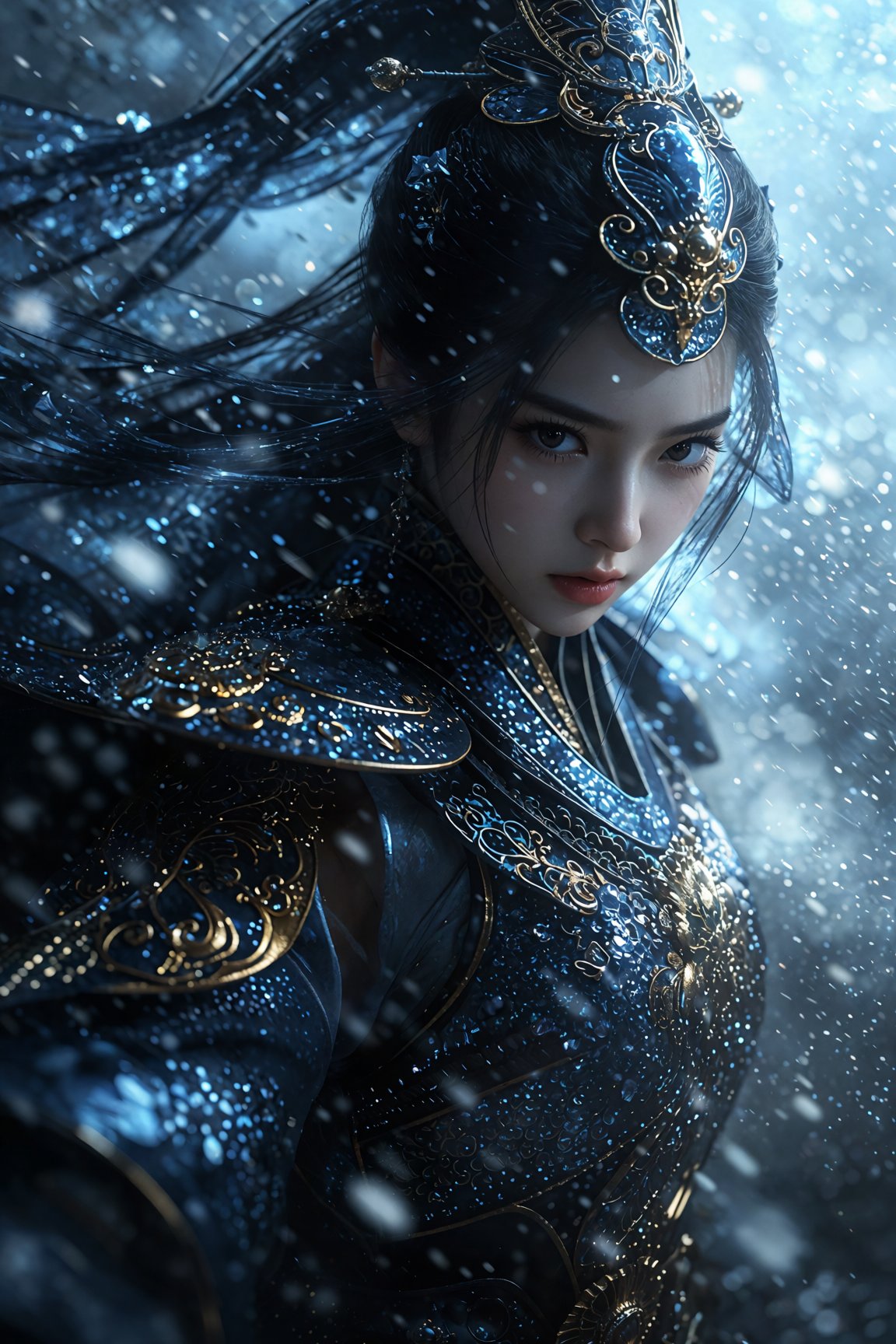 A detailed digital portrait captures a young woman dressed as a celestial warrior positioned in a dynamic three-quarter vi...