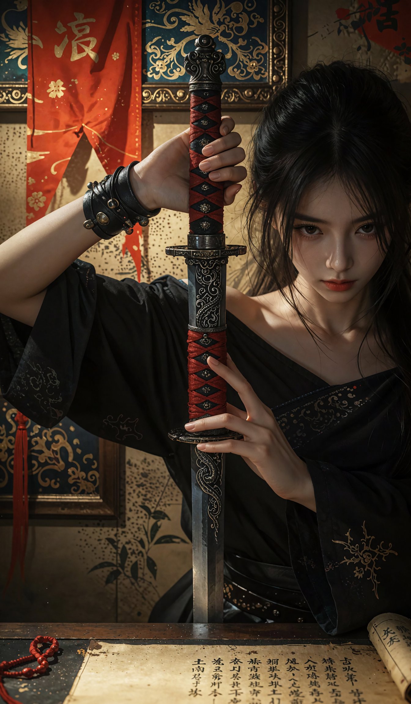 昏暗富有氛围感的场景中,  黑发女子神情专注,  手持一柄武士刀摆好姿态。她身着黑色露肩衣 by 剑舞轻风 on Tensor.Art