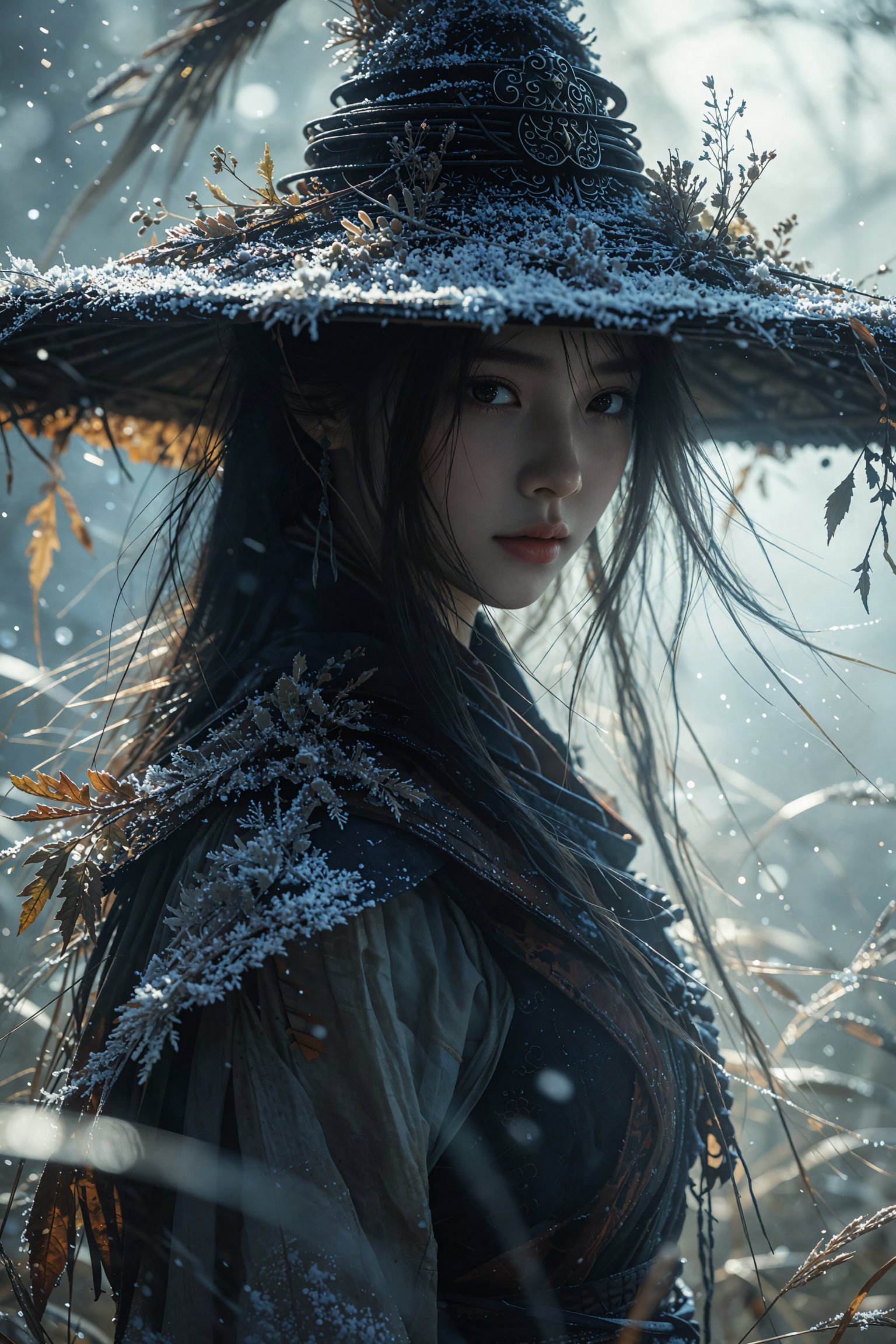 A young woman with long dark hair stands amidst tall grass in a wintry ethereal setting. She wears a wide-brimmed conical...