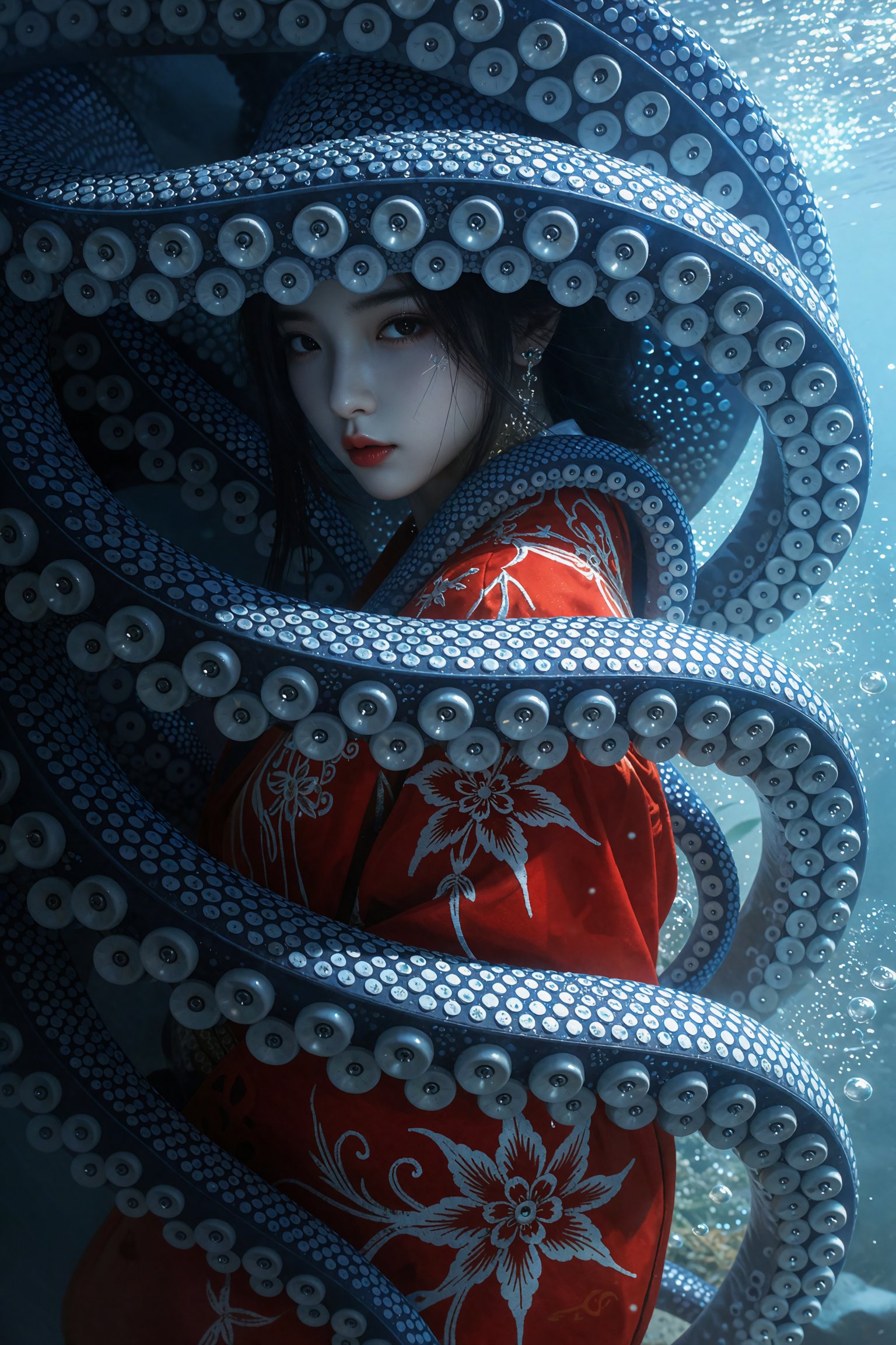 A surreal high-detail fantasy digital painting features an East Asian woman with dark hair and red lips enveloped by massi...