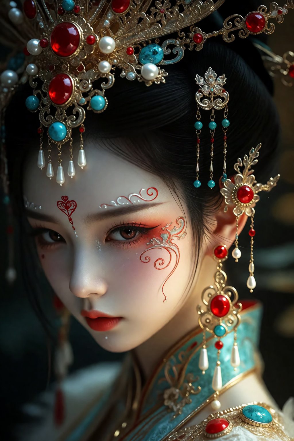 A highly detailed digital portrait captures a young woman in elaborate traditional Chinese-inspired attire. Her pale smoot...