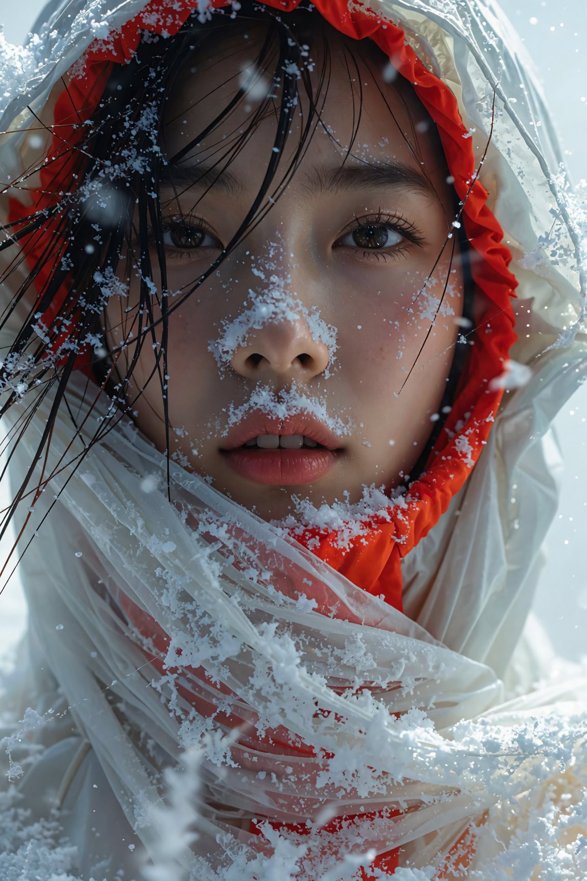 In a vertical close-up portrait a young woman with dark hair and striking features looks directly into the lens. Her face...