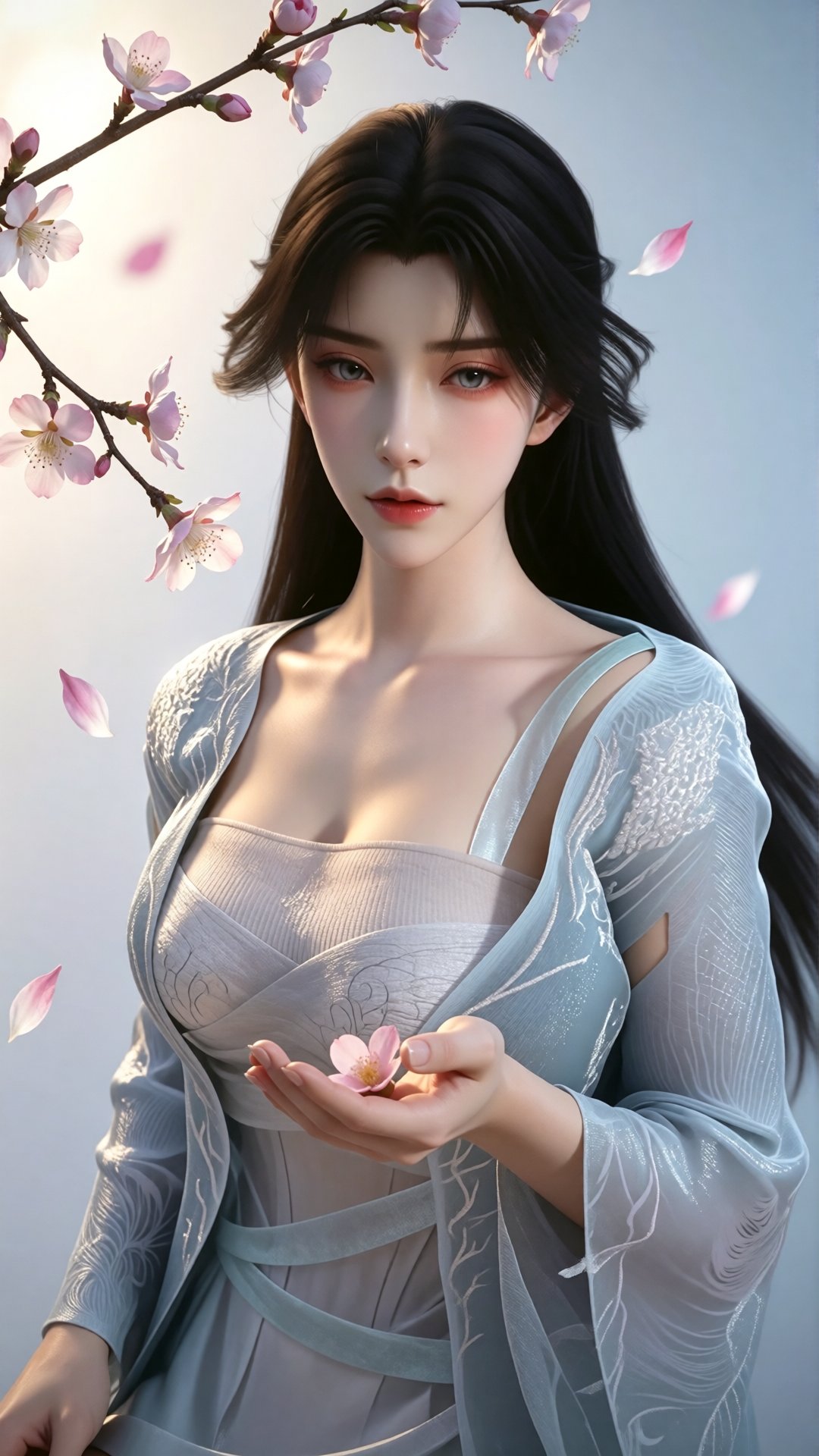 中景画面中,  一位美丽的女子伸手承接飘落的桃花瓣,  她的眼中充满了柔情。白光直射在她的身上 by 月恋-❀ on Tensor.Art