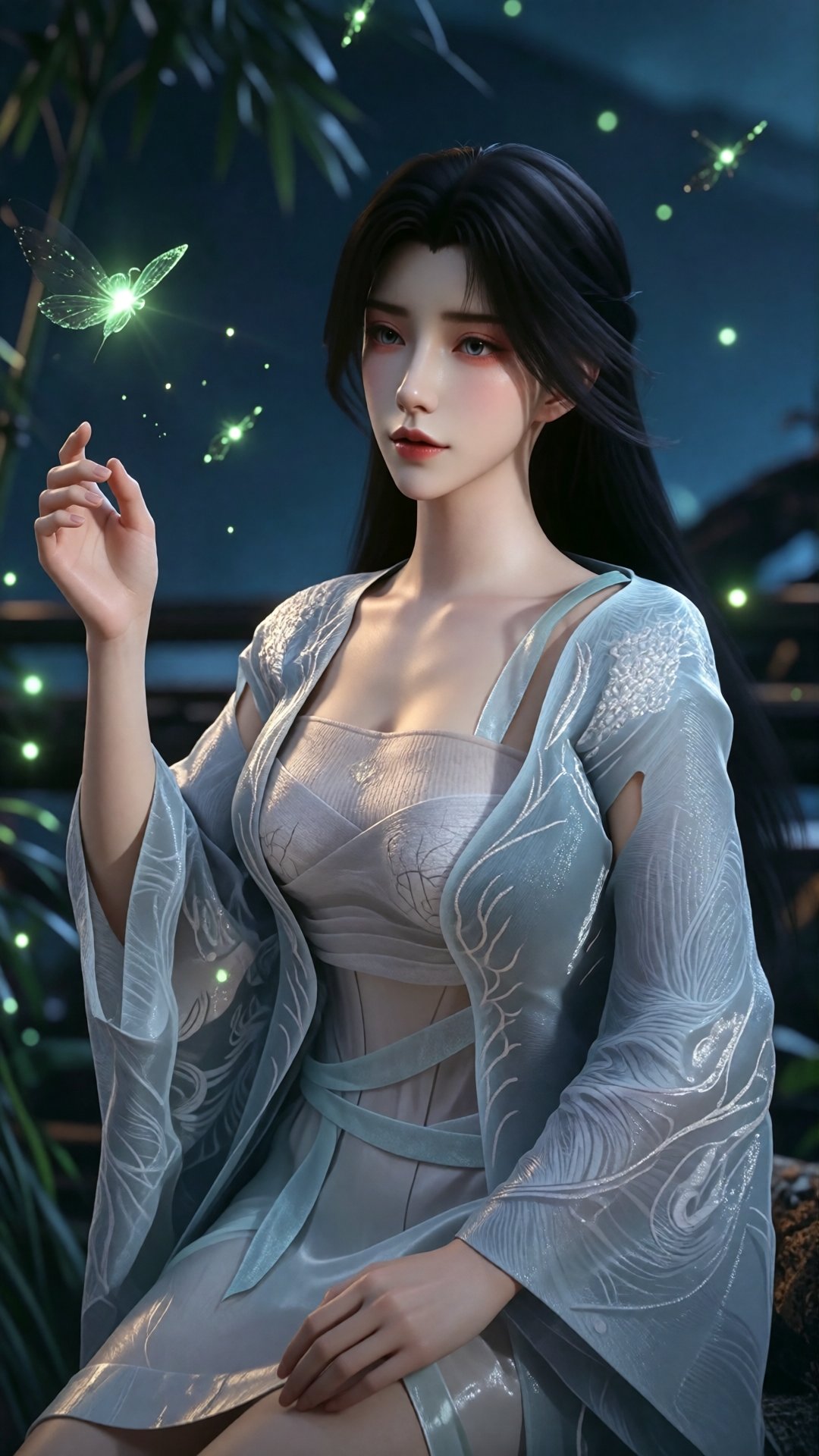 中景画面,  一位美丽女子站在夜间的竹林中,  无数萤火虫在她周围发出翡翠绿光 by 月恋-❀ on Tensor.Art
