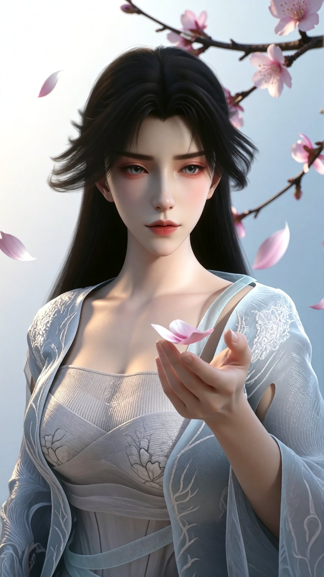 中景画面中,  一位美丽的女子伸手承接飘落的桃花瓣,  她的眼中充满了柔情。白光直射在她的身上 by 月恋-❀ on Tensor.Art