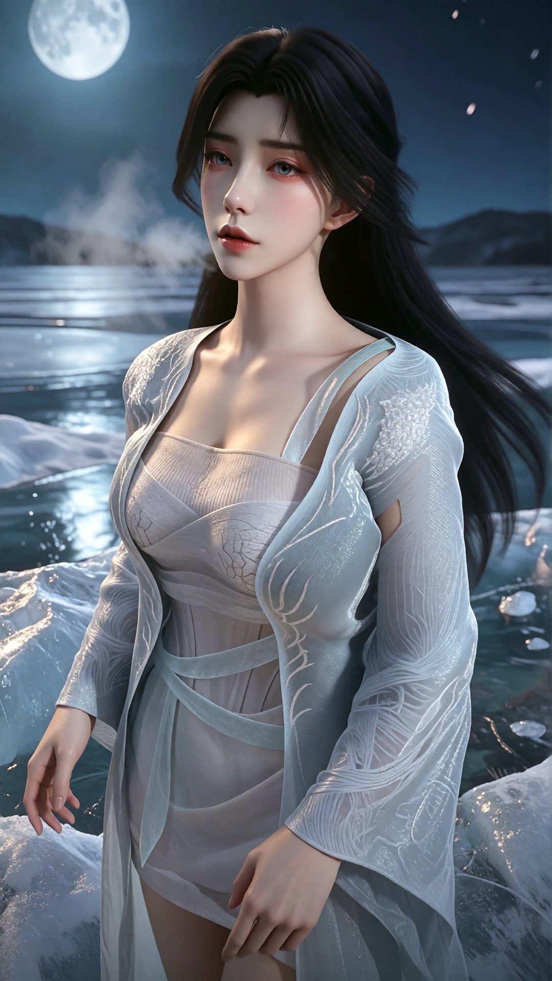 中景画面,  一位女子站在满月下的冰湖上,  苍白银蓝色月光从冰雪上反射 by 月恋-❀ on Tensor.Art