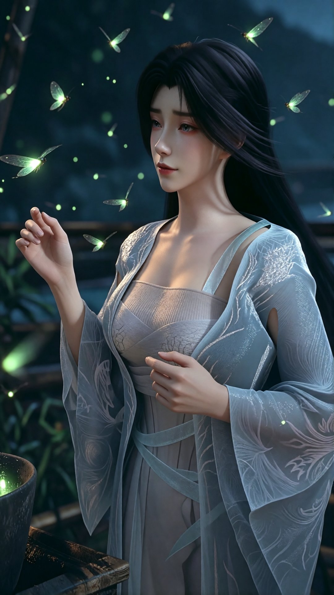 中景画面,  一位美丽女子站在夜间的竹林中,  无数萤火虫在她周围发出翡翠绿光 by 月恋-❀ on Tensor.Art