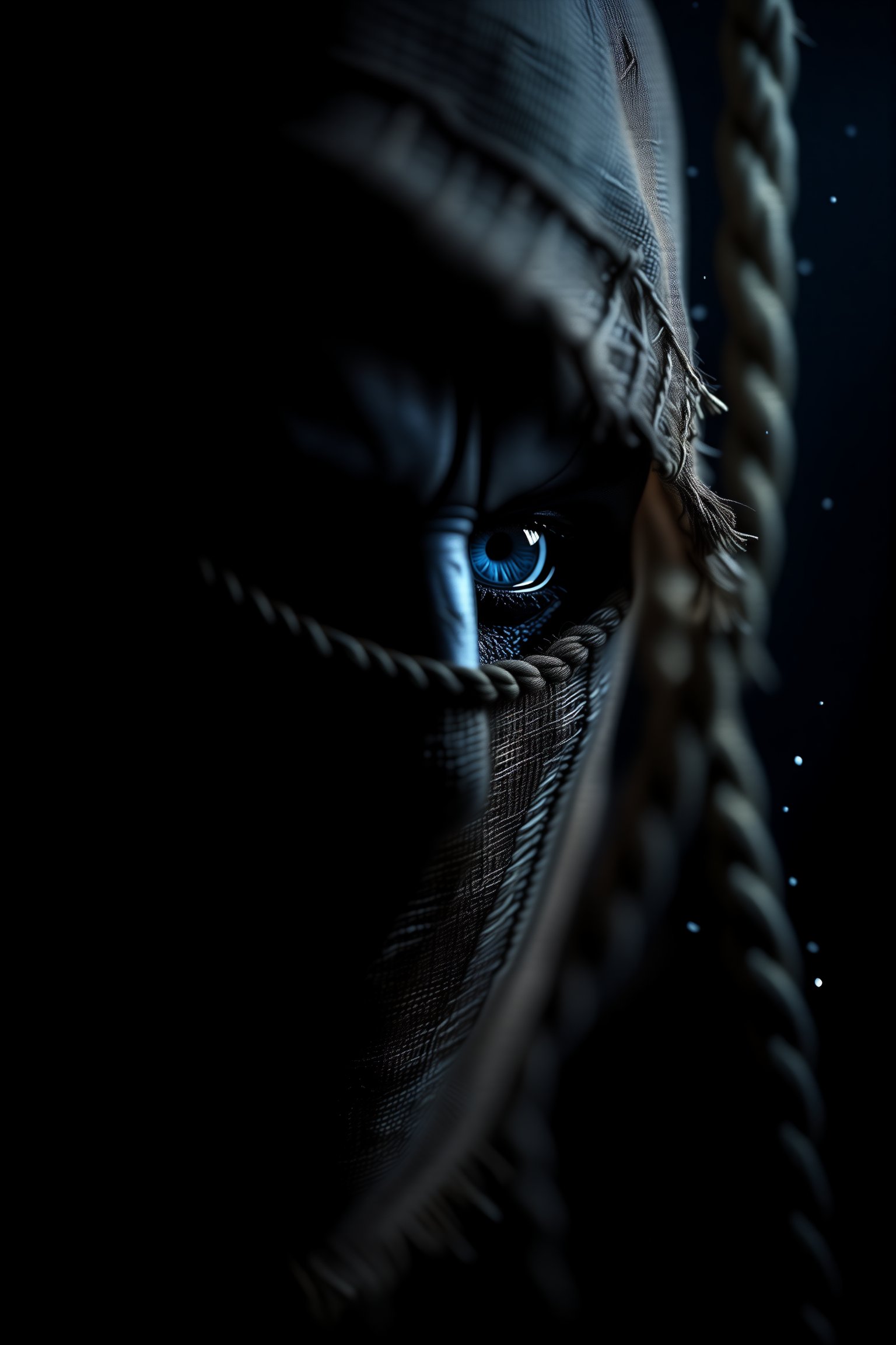 Ultra-hyper-detailed cinematic macro close-up photograph of a sinister dark fantasy monster,  face tightly wrapped in an a...