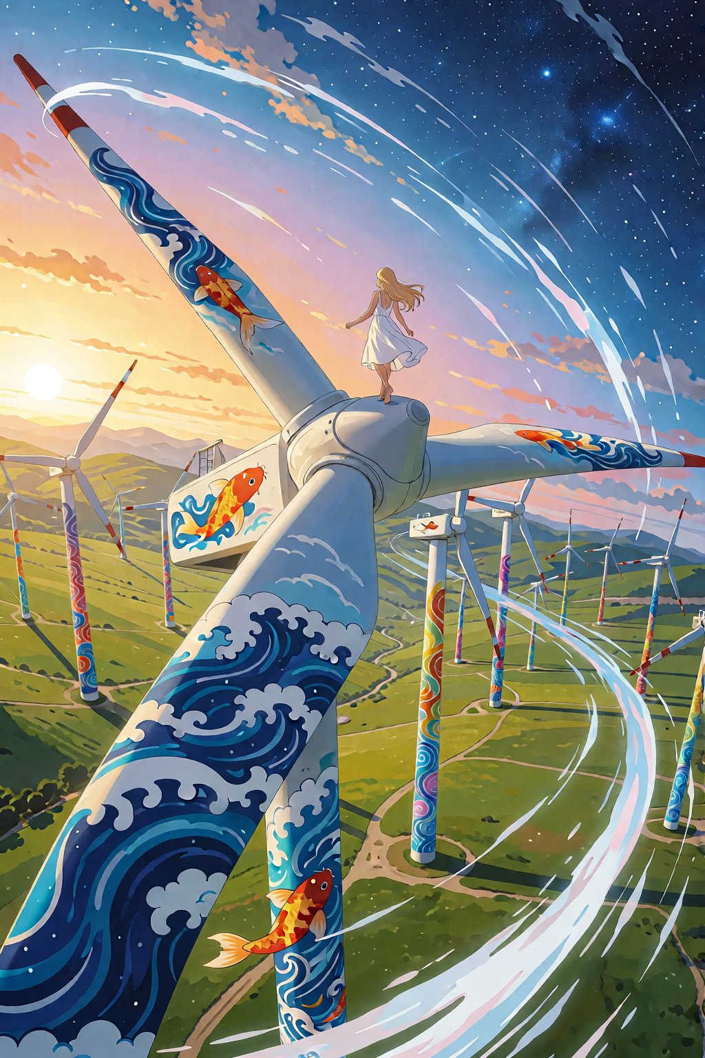 A blonde woman in a white dress stands atop a giant wind turbine painted with blue waves and orange koi fish. A sweeping g...