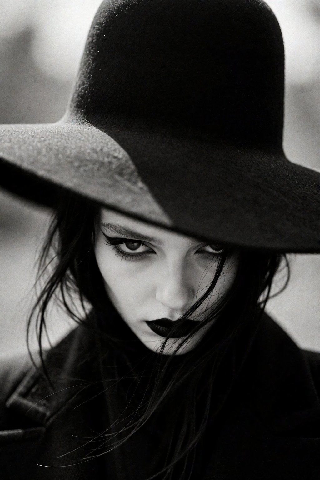 A high-contrast monochrome close-up portrait of a pale figure dwarfed by a massive,  sweeping black hat. The smooth,  over...