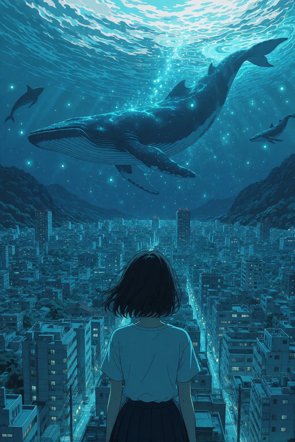 young woman from behind overlooking a dense cyan city,  surreal sky curving into an ocean tunnel,  gargantuan diving whale...