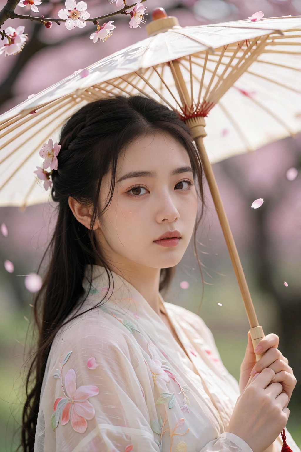 Portrait of a woman beneath a paper umbrella in falling plum blossoms,  soft diffused light,  delicate pastel harmony --pr...