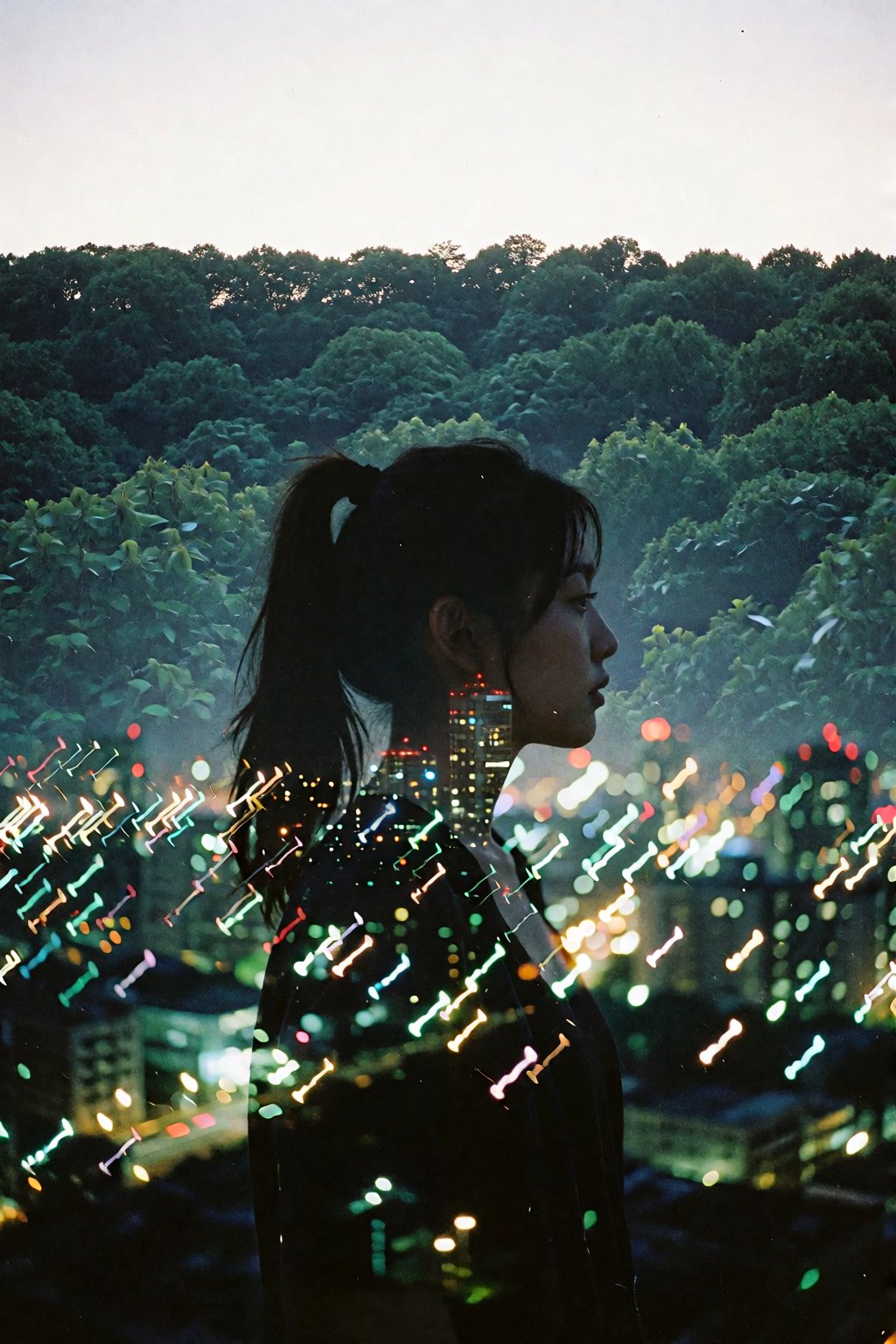 Analog double-exposure photography,  experimental film style. A dark silhouette of a young woman with a high ponytail,  fa...