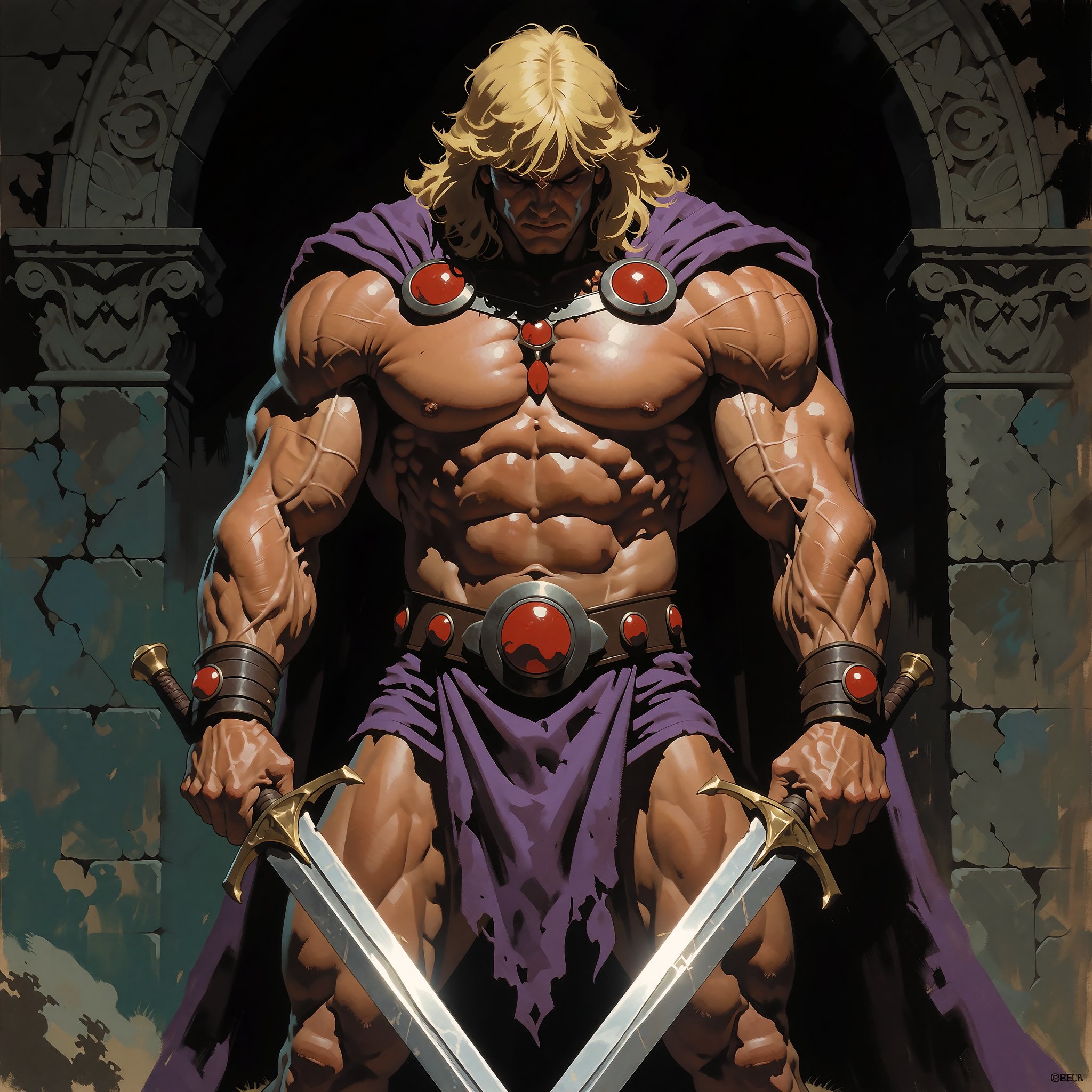 The image depicts a muscular figure standing confidently in a dark,  ancient-looking environment. The character is wearing...