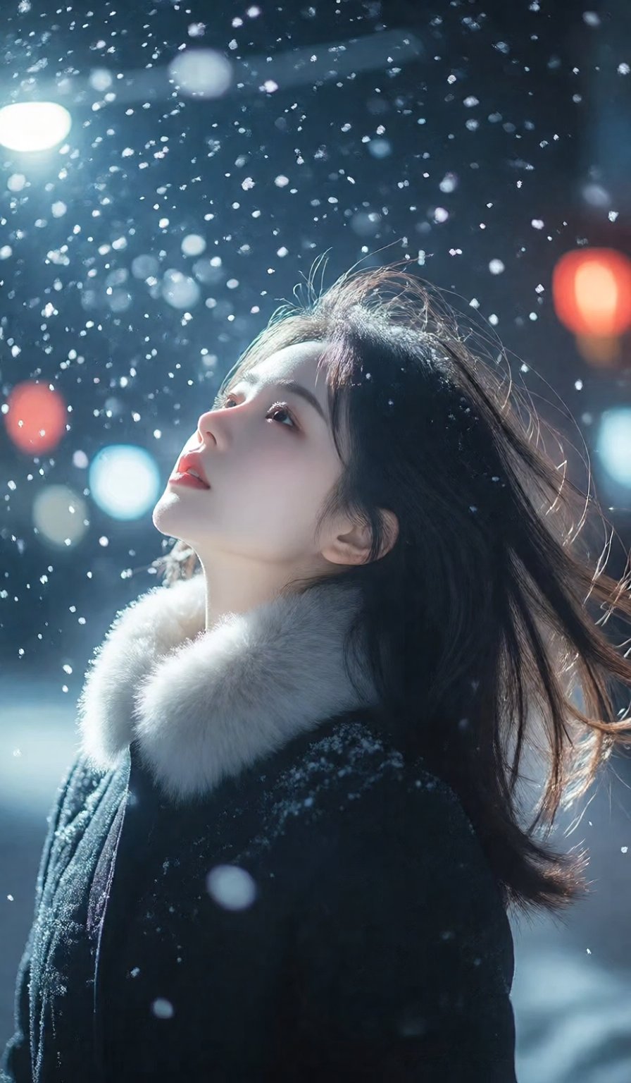 夜雪纷扬中,  一位女子仰首凝望,  深色长发微扬 by 剑舞轻风 on Tensor.Art