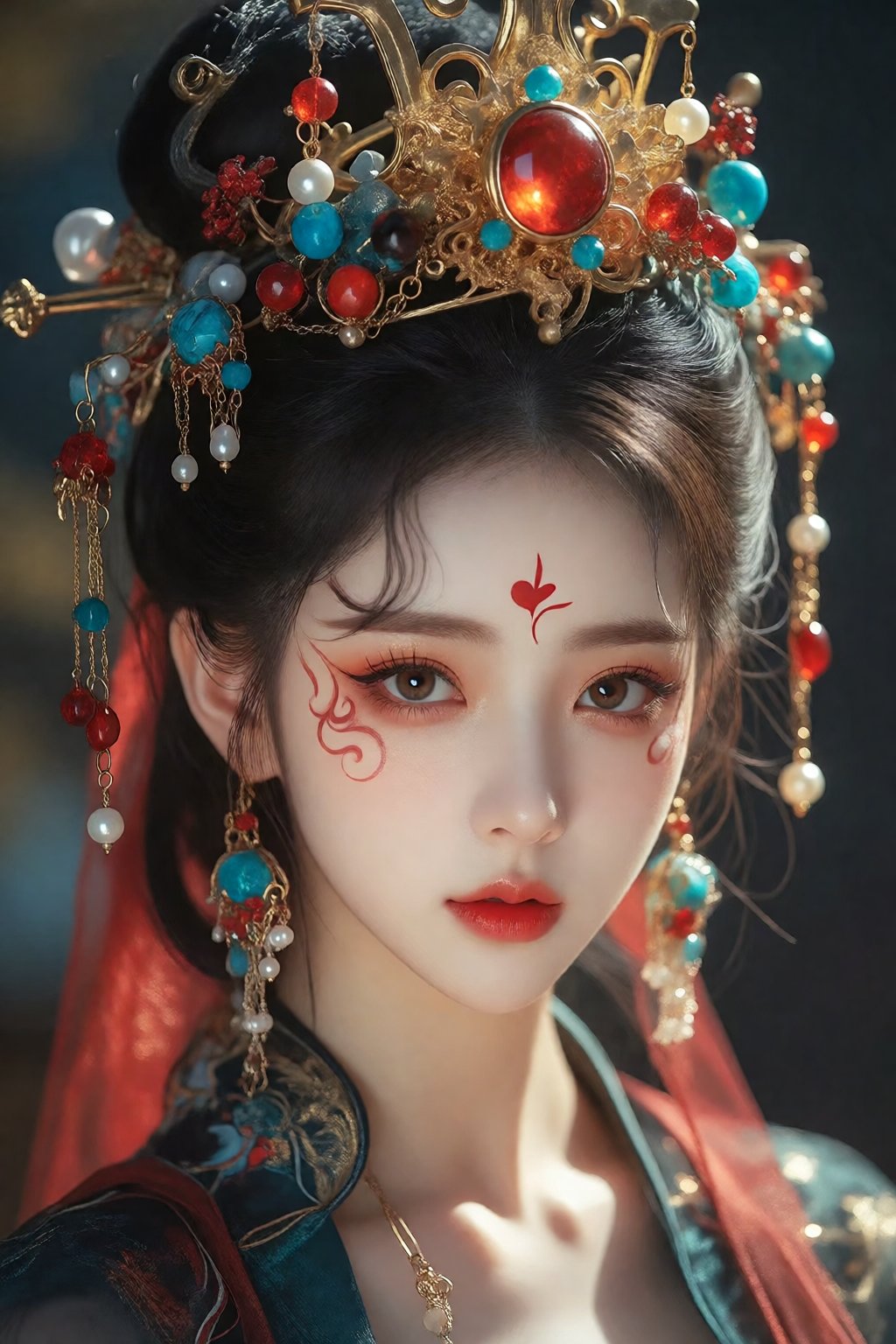 A highly detailed digital portrait captures a young woman in elaborate traditional Chinese-inspired attire. Her pale smoot...