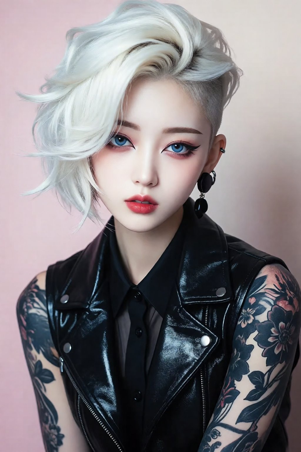 一个具有朋克/哥特美学的引人注目、前卫的金发亚洲女人的详细肖像。她有一双充满活力、明亮的蓝色眼睛,  与戏剧性、粉色眼线、光滑的粉红色口红。她的发型是一种现代的底切发型,  较长的顶部以明亮的白金金色波浪戏剧性地扫向一侧 by 剑舞轻风 on...