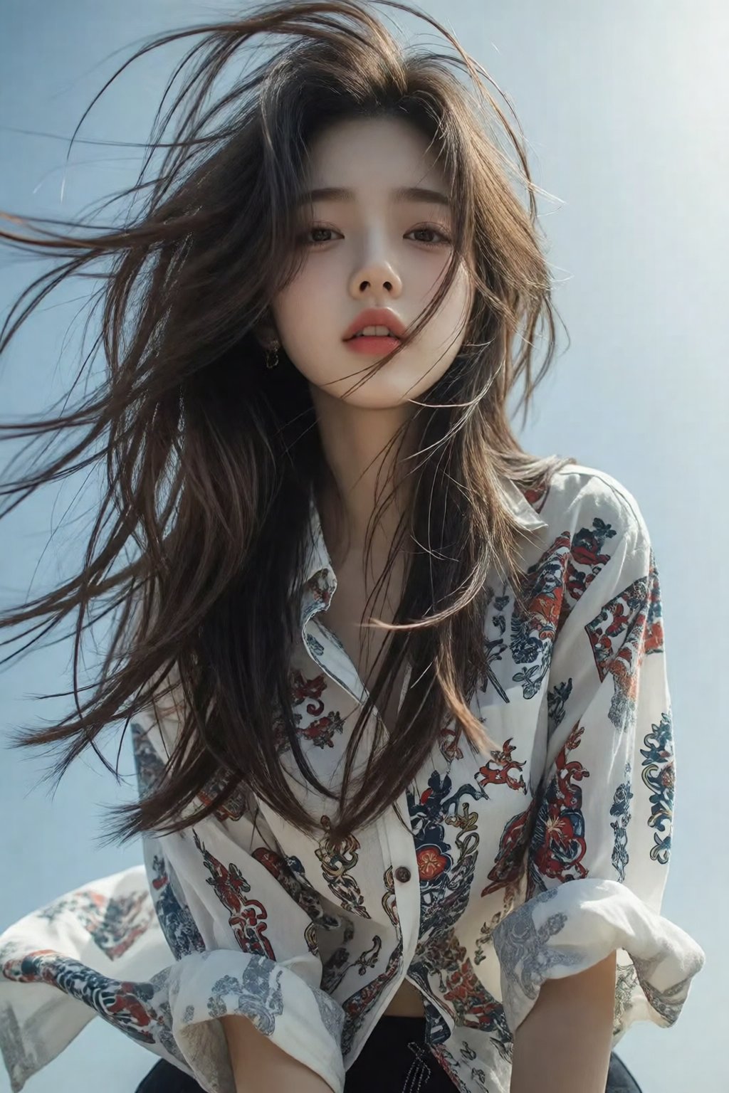 一位长发及腰、模样似洋娃娃般可爱的女生。低角度垂直仰拍看向镜头,  采用超广角,  体现动态美学 by 剑舞轻风 on Tensor.Art