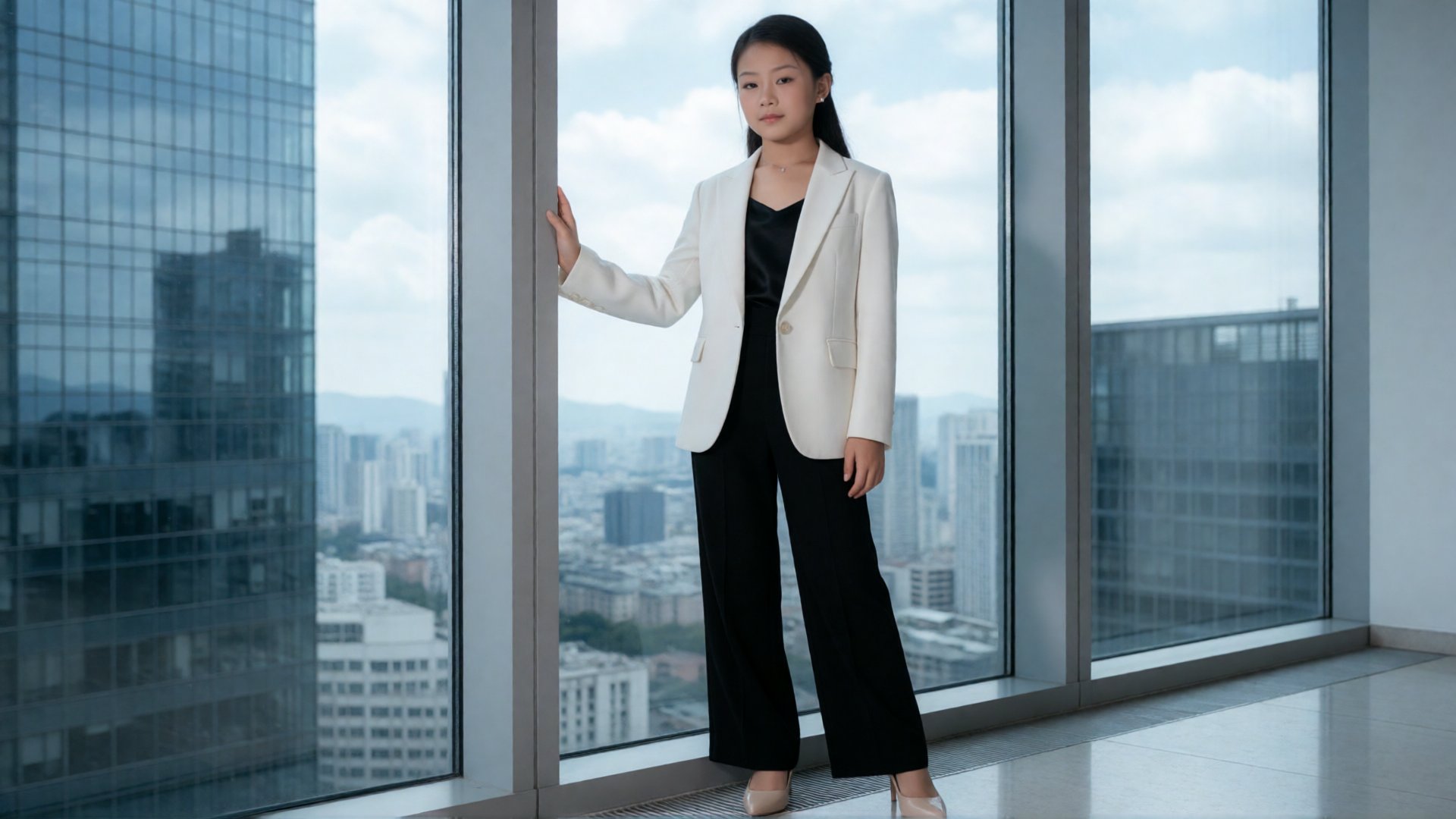 A young girl in her 10s with a professional and capable aura,  wearing a tailored ivory white blazer (with a black silk ca...