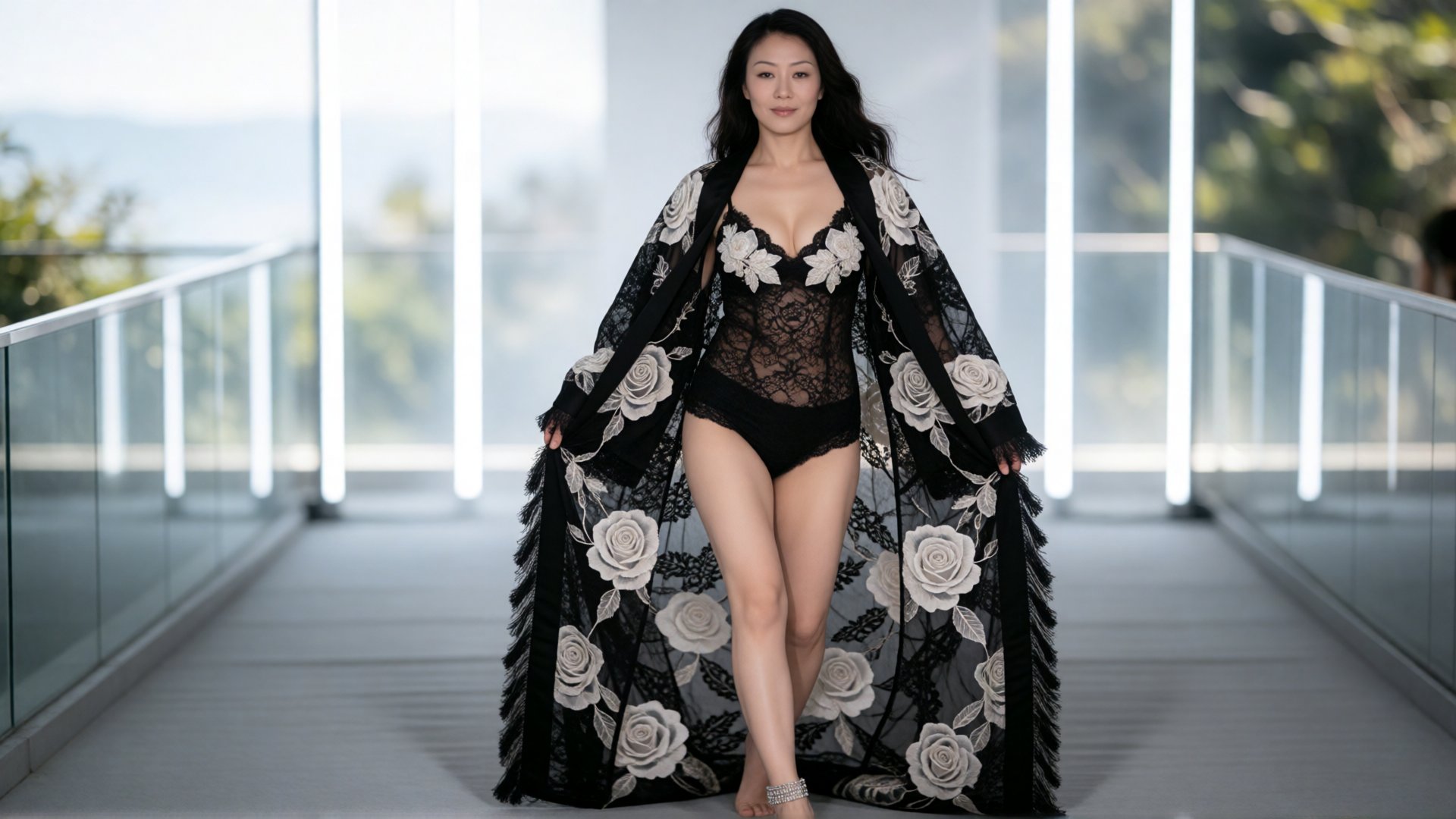 A full-length,  high-fashion photograph captures an East Asian woman walking forward on a smooth gray runway. She wears a...