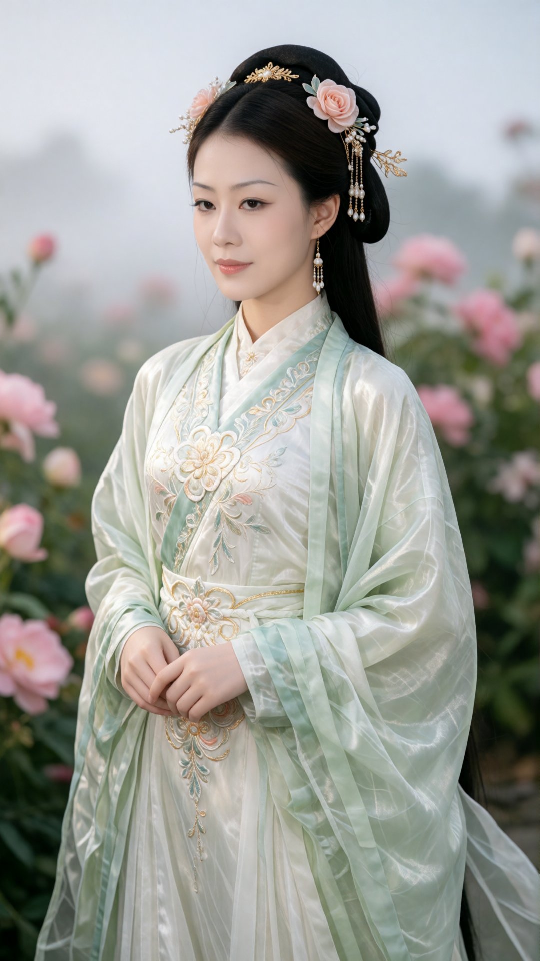 一位容貌清丽、肤色白皙的年轻女子,  静立于繁花萦绕的柔焦花园之中。她乌黑秀发梳成雅致盘发,  点缀着精致华美的桃色绢玫瑰、鎏金配饰与珍珠串饰。身着一袭传统叠层长裙 by SUNSHINE on Tensor.Art