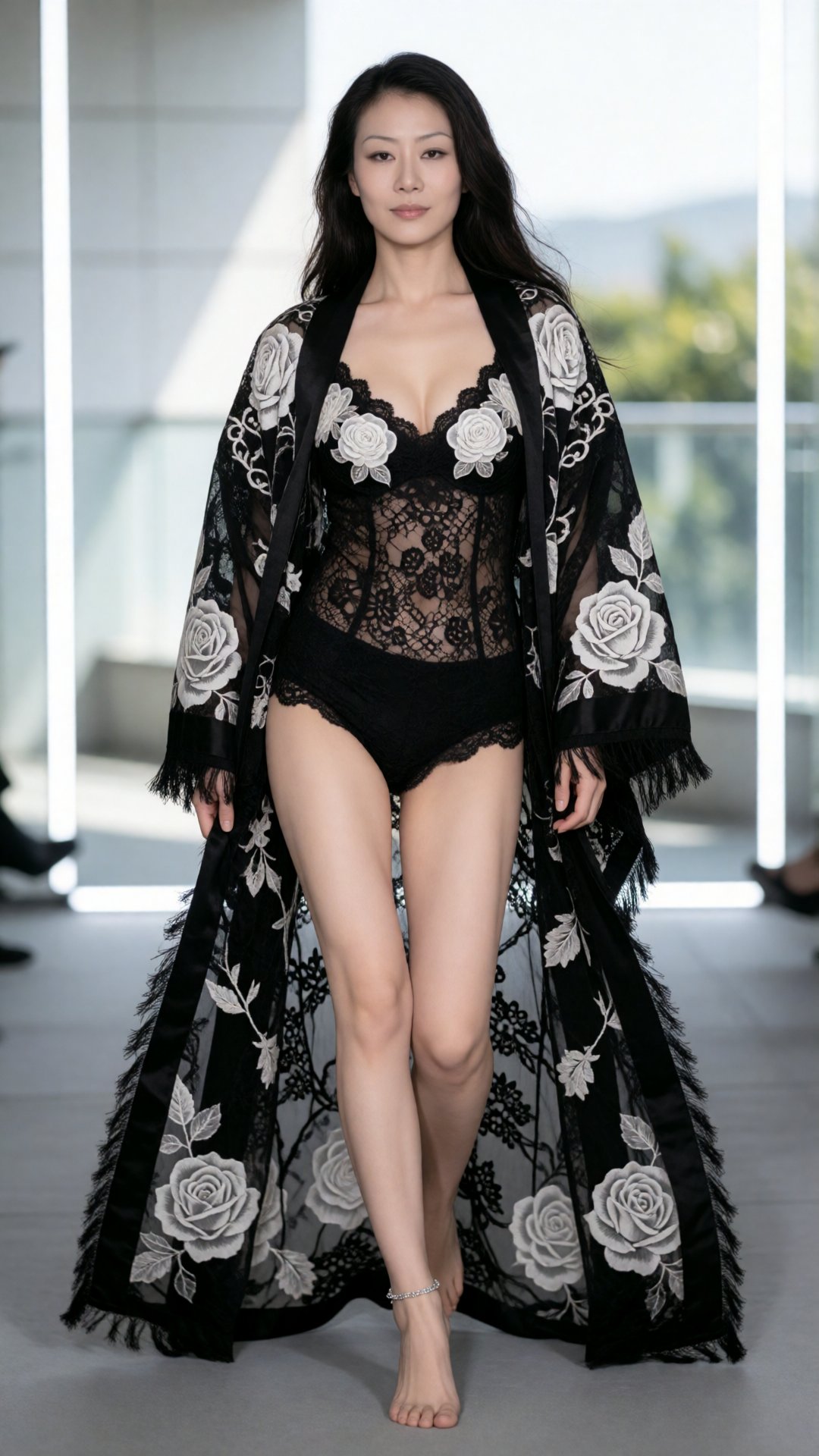 A full-length,  high-fashion photograph captures an East Asian woman walking forward on a smooth gray runway. She wears a...