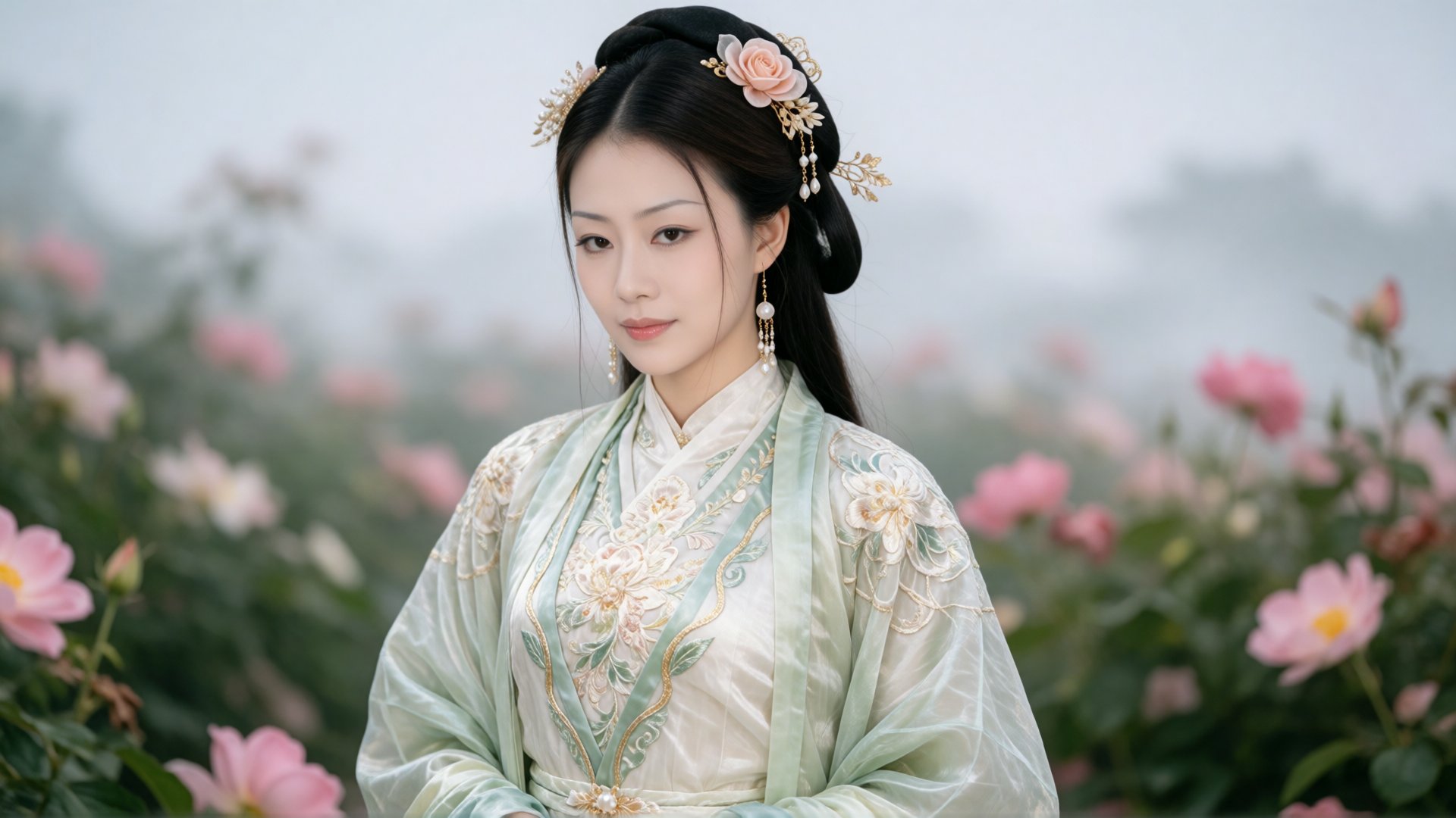 一位容貌清丽、肤色白皙的年轻女子,  静立于繁花萦绕的柔焦花园之中。她乌黑秀发梳成雅致盘发,  点缀着精致华美的桃色绢玫瑰、鎏金配饰与珍珠串饰。身着一袭传统叠层长裙 by SUNSHINE on Tensor.Art