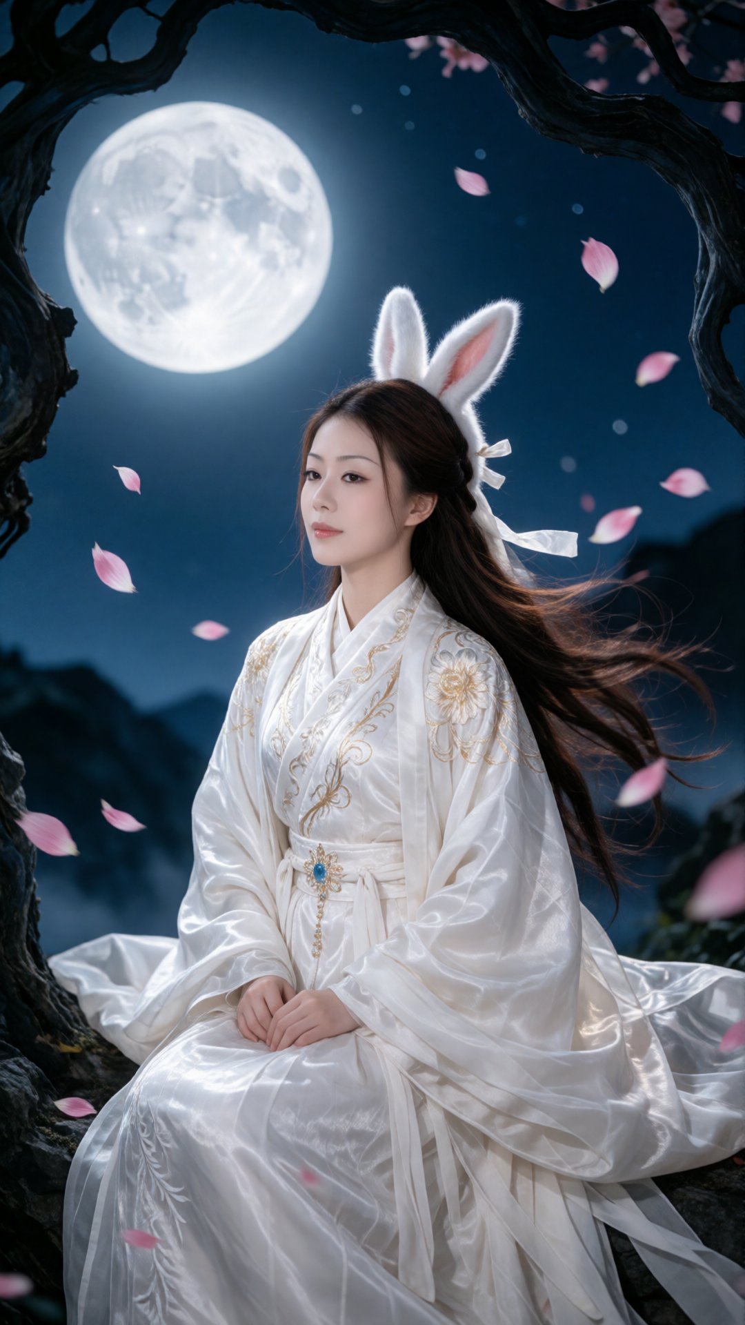 一位有着东亚面容、棕发飘逸的年轻女子,  静坐于充满奇幻氛围感的夜色秘境之中,  一轮硕大皎洁的满月与虬曲黝黑的枝干勾勒出画面边框。她头戴兔耳发箍 by SUNSHINE on Tensor.Art